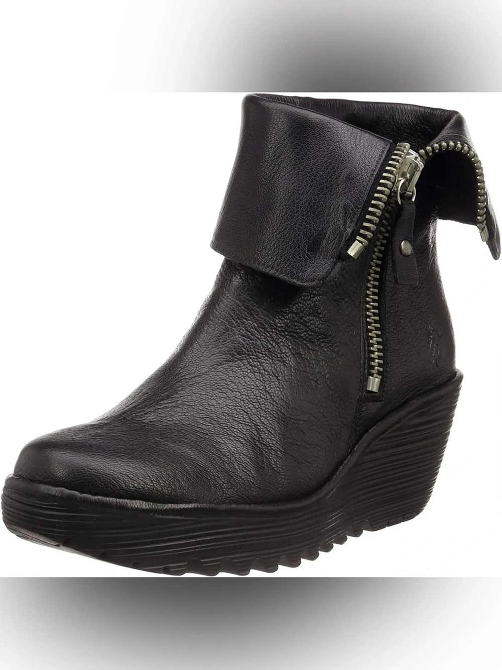 Fly London women’s black leather wedge boots zip up with silver hardware chunky